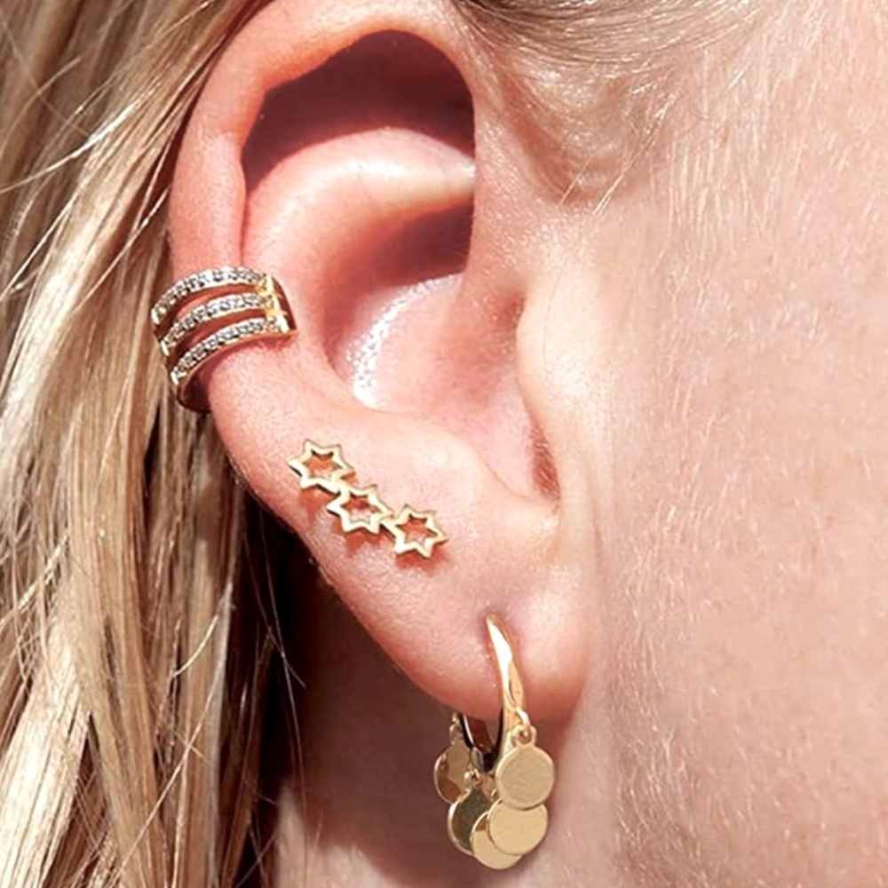 925 Sterling Silver Huggies Hoop  18K Gold Geometric Earrings with Coin Cluster